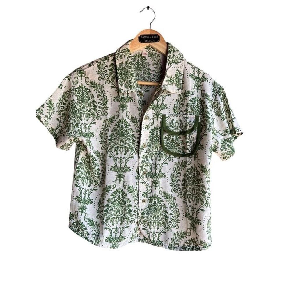 Vintage 60s Green Women's Satin Paisley Pocket Short Sleeve Button Up LARGE